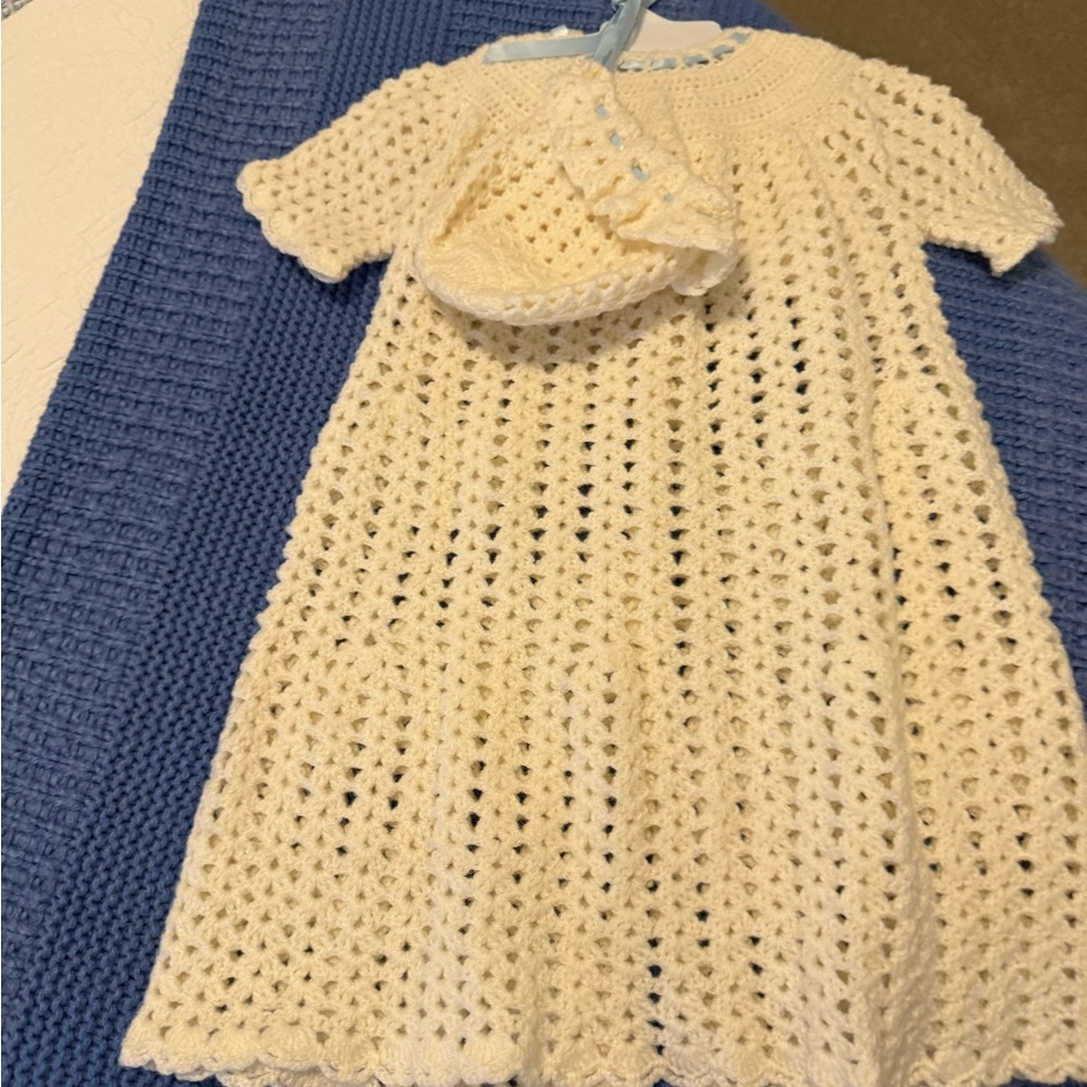 Hand Crocheted Christening Gown and Cap Blue Ribbon Scalloped Edge